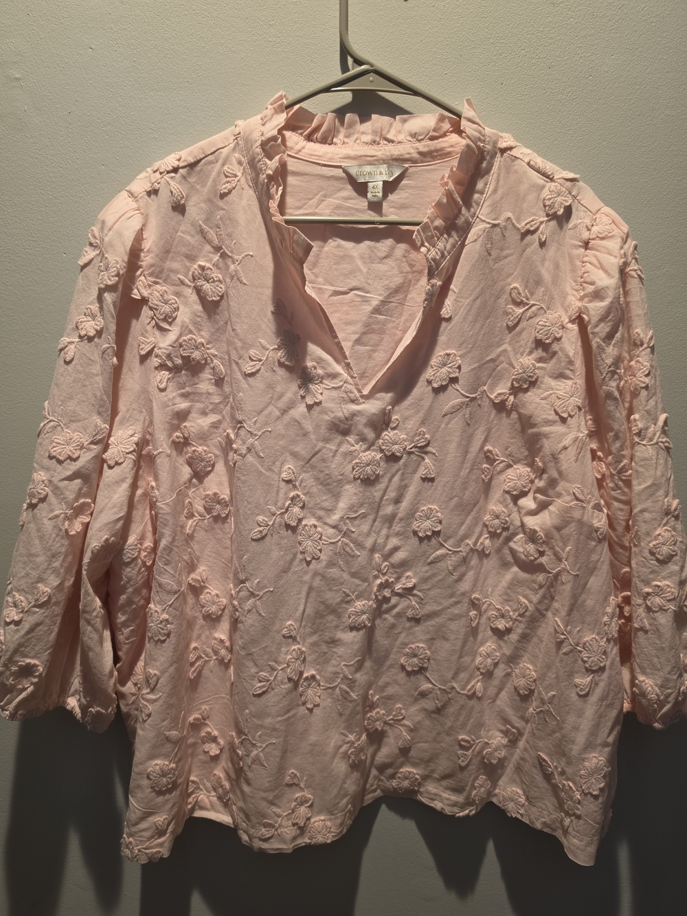 crown & ivy Pale Pink Floral Embroidered V-Neck Blouse